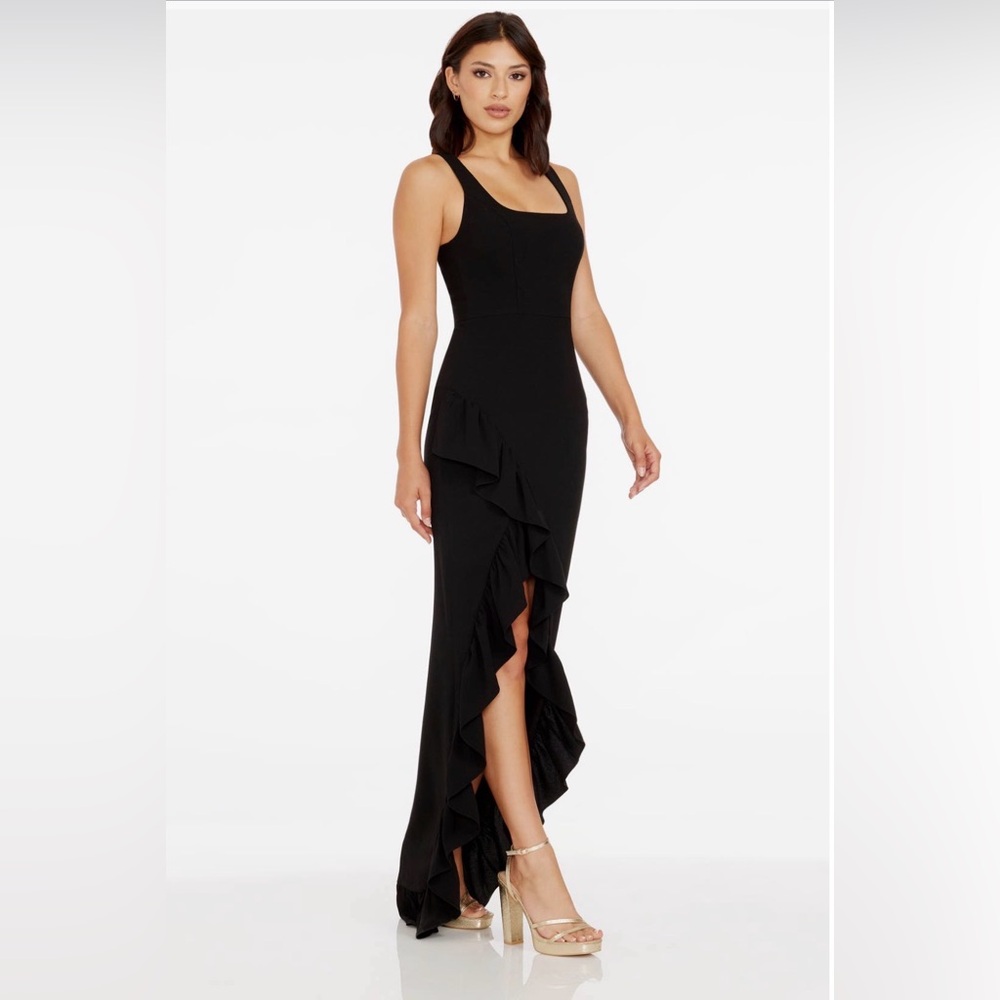 Dress the Population Charlene Square-Neck Ruffle Side-Slit Gown in Black
